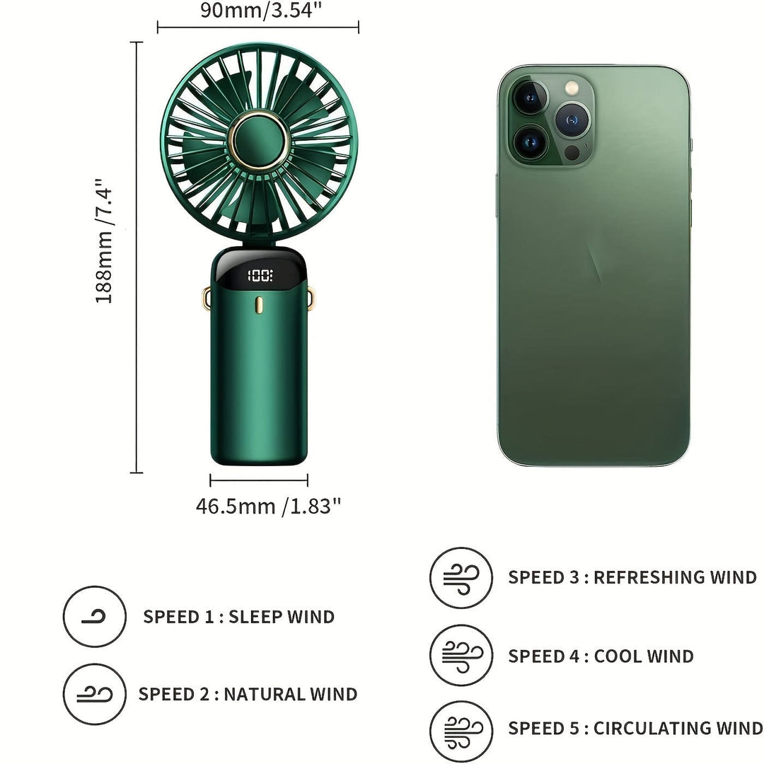 Portable Handheld Mini Fan USB Rechargeable with LED Display 5 Speeds 90° Foldable Battery Operated for Office Bedroom Outdoor Travel Camping Back to School Supplies | Bowlift