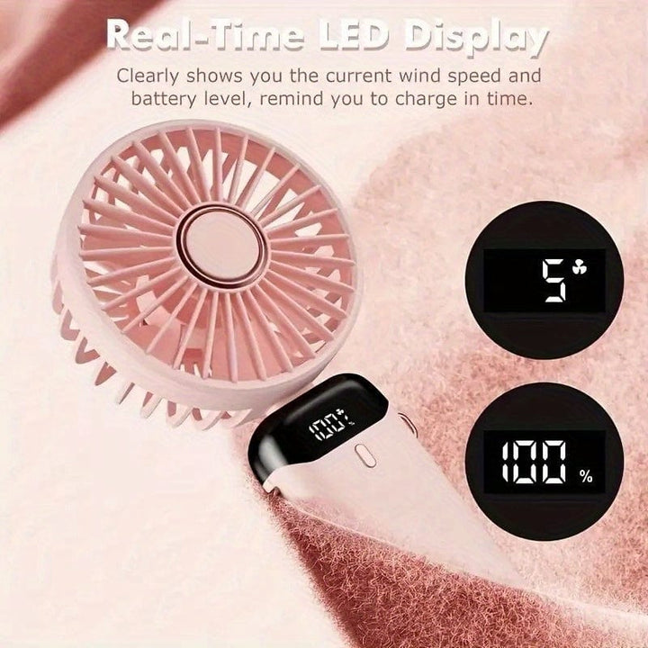 Portable Mini USB Fan LED Digital Display 5 Speeds 21hrs Battery Life Quiet Operation Ideal for Summer Travel and Household Use | Bowlift