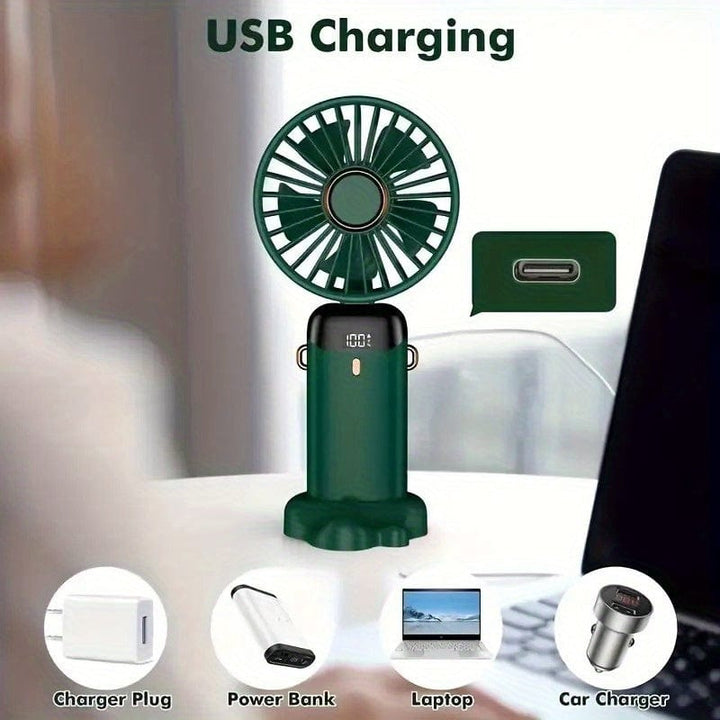 Portable Mini USB Fan LED Digital Display 5 Speeds 21hrs Battery Life Quiet Operation Ideal for Summer Travel and Household Use | Bowlift