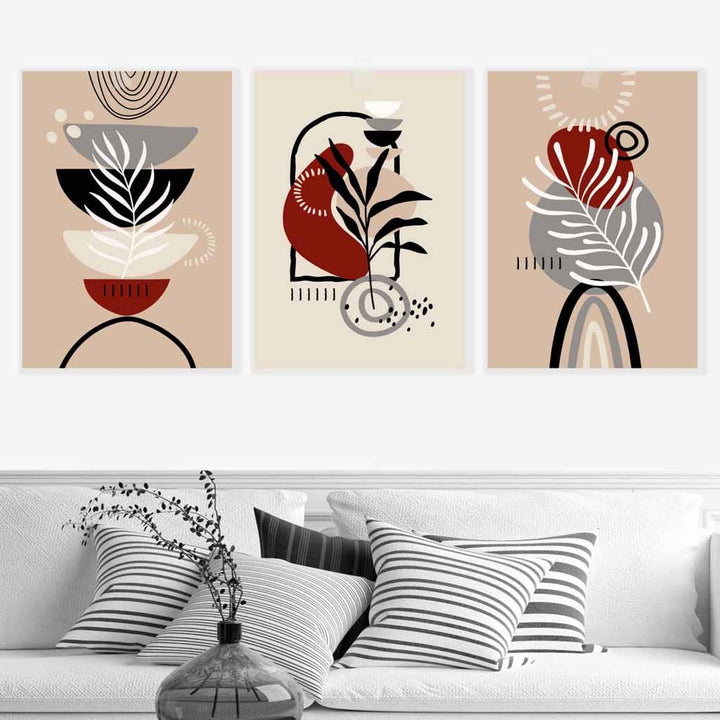 Boho Flower Set of 3 Wall Art Prints in Black Beige Red and Gray | Bowlift