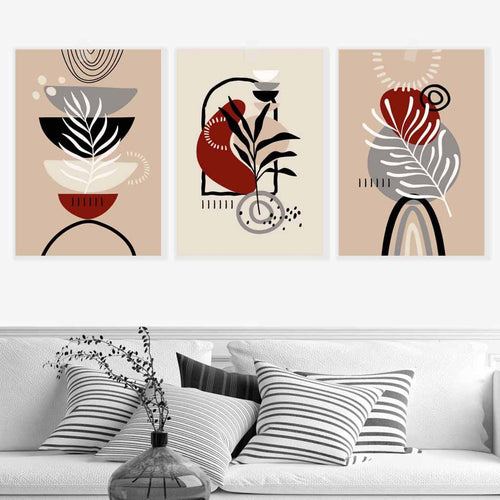 Boho Flower Set of 3 Wall Art Prints in Black Beige Red and Gray | Bowlift