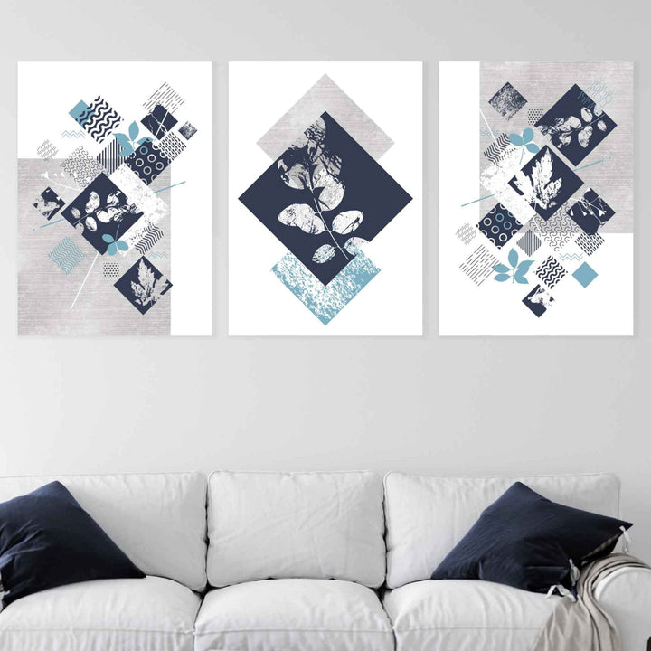BOTANICAL Set of 3 abstract geometric navy blue and aqua colored flower prints | Bowlift