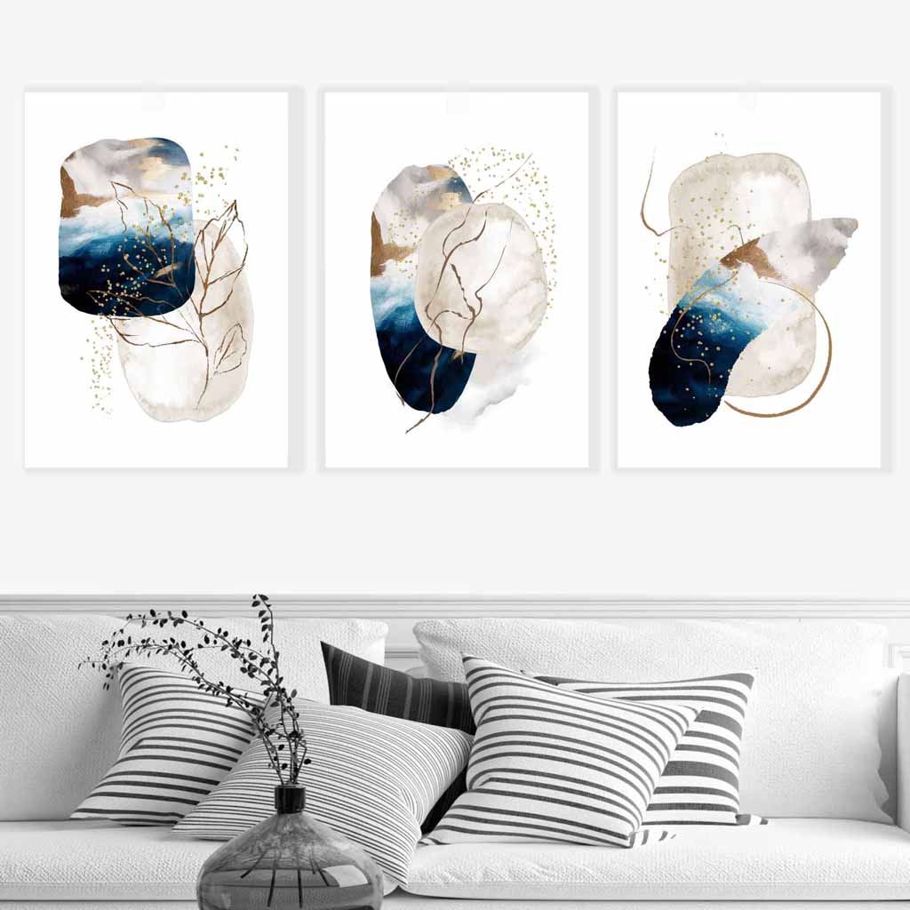 Abstract Textured Navy Blue, Ivory and Gold Set of 3 Wall Art Prints | Bowlift