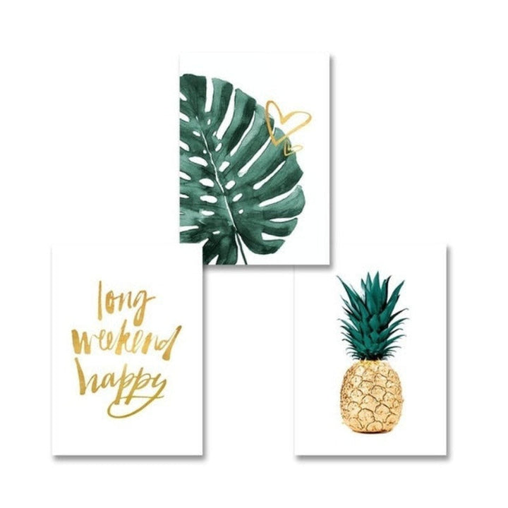 Gold Pineapple Tropical Turtle Leaf Modern - Canvas Wall Art Painting | Bowlift