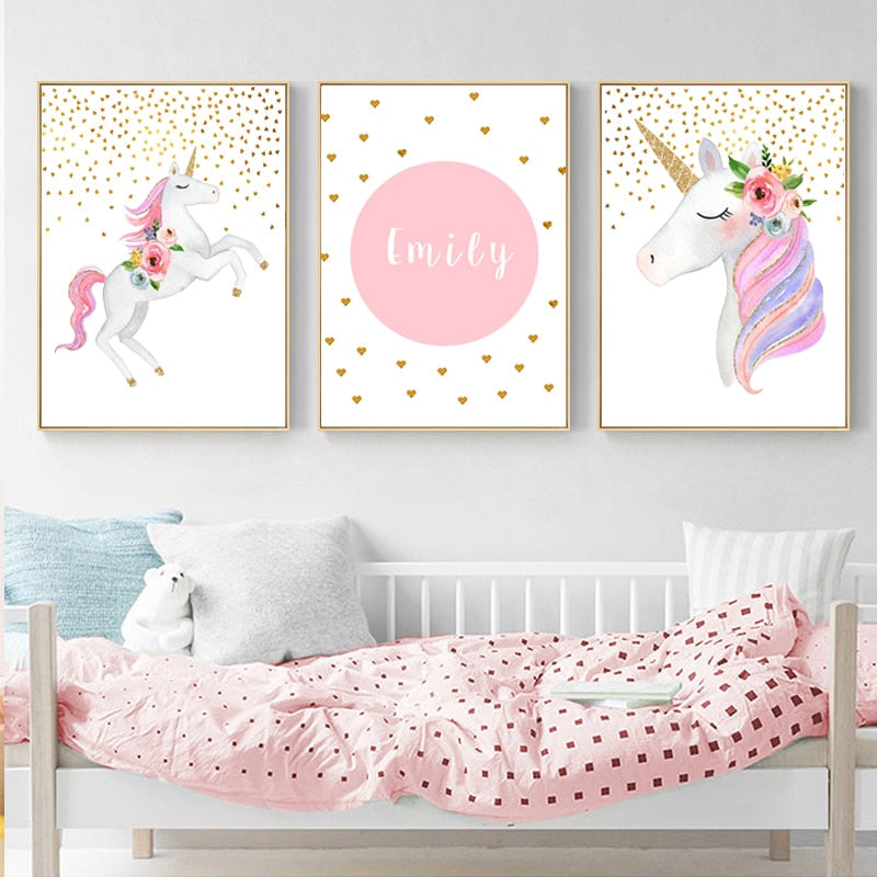 Modern Cartoon Pink Unicorn - Canvas Wall Art Painting | Bowlift