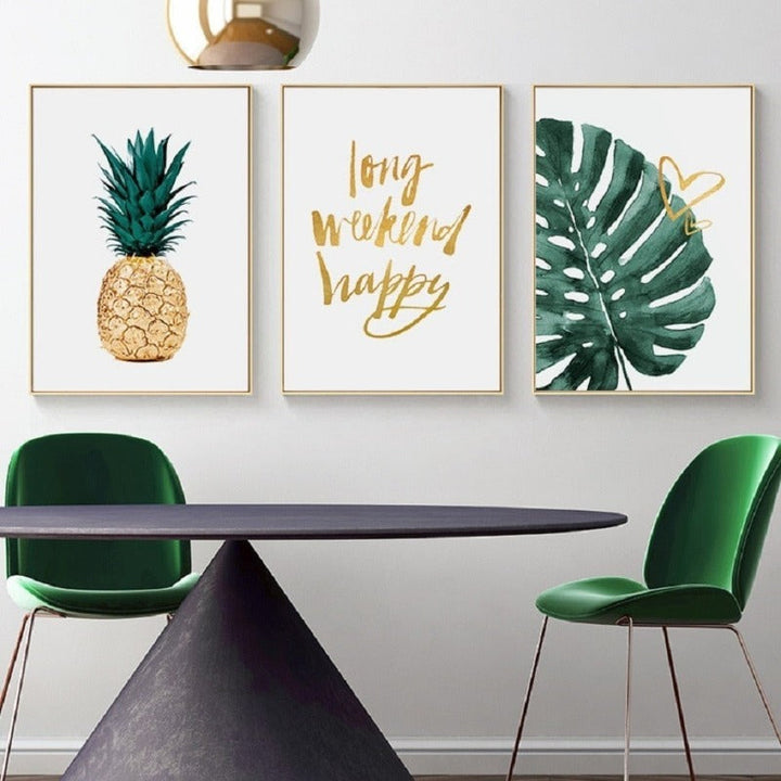 Gold Pineapple Tropical Turtle Leaf Modern - Canvas Wall Art Painting | Bowlift