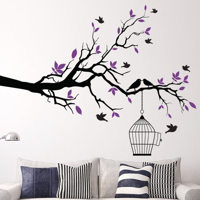 Tree Branch Wall Art Sticker with Bird Cage Removable Vinyl Wall Decals | Bowlift