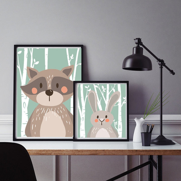 Woodland Animals Rabbit Fox Bear Nursery  - Canvas Wall Art Painting | Bowlift