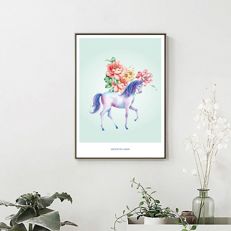 Nordic Cartoon Animals Flowers Unicorn - Canvas Wall Art Painting | Bowlift