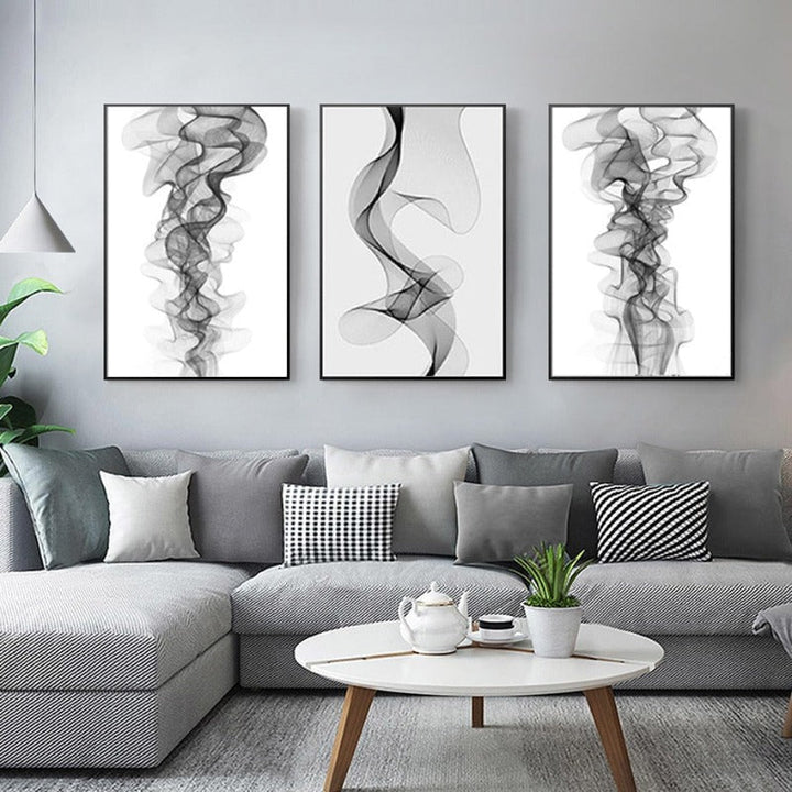 Minimalist Abstract Wavy Lines Pattern Black White - Canvas Wall Art Painting | Bowlift