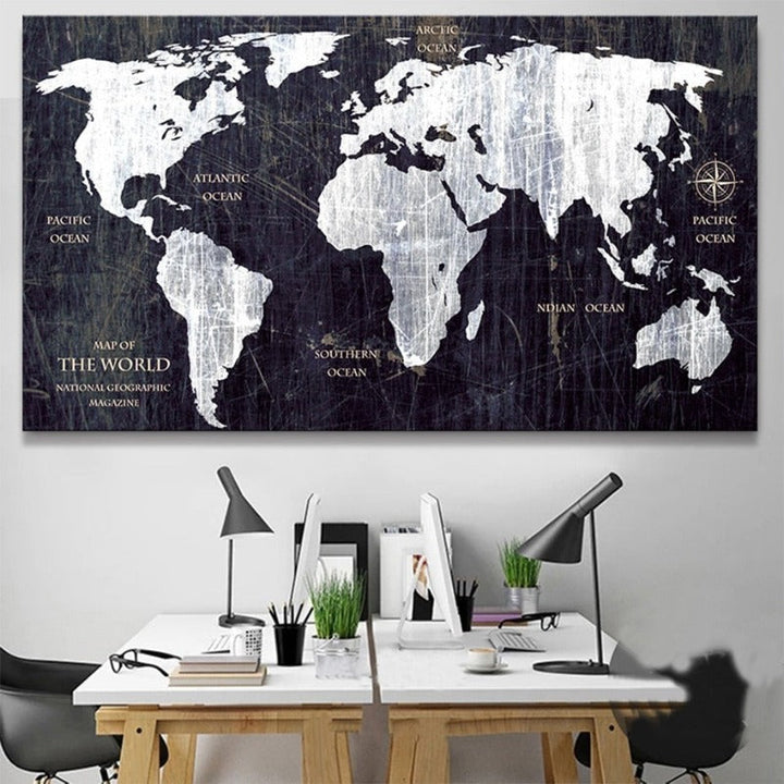 Vintage Black And White World Map Posters Prints - Canvas Wall Art Painting | Bowlift