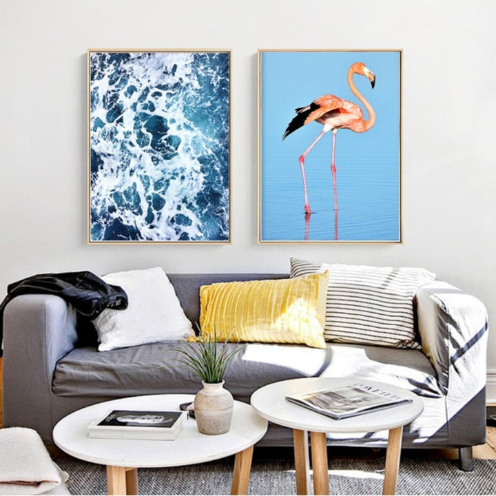 Flamingo In Seascape - Canvas Wall Art Painting | Bowlift