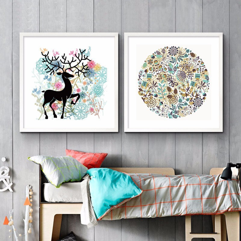 Nordic Deer Birds Flowers Natural - Canvas Wall Art Painting | Bowlift