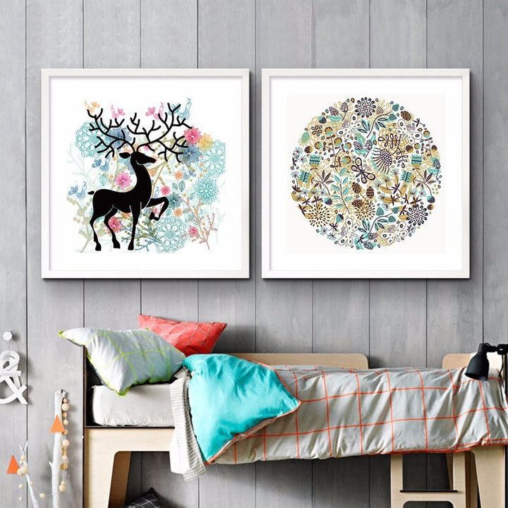 Nordic Deer Birds Flowers Natural - Canvas Wall Art Painting | Bowlift