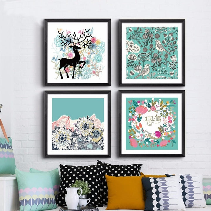 Nordic Deer Birds Flowers Natural - Canvas Wall Art Painting | Bowlift