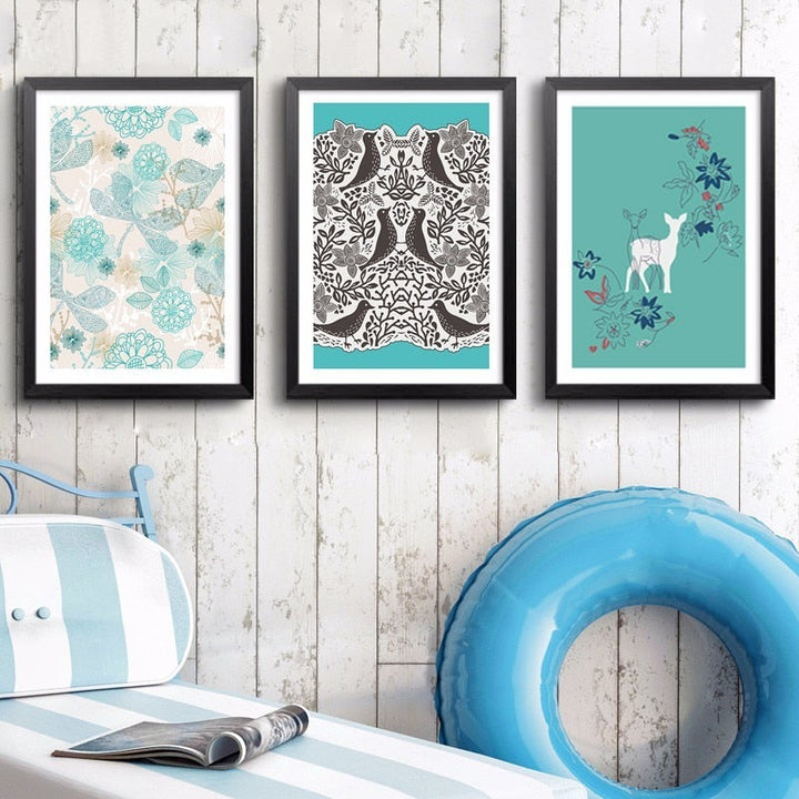 Nordic Deer Birds Flowers Natural - Canvas Wall Art Painting | Bowlift