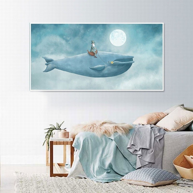Abstract Whale In Blue Sky - Canvas Wall Art Painting | Bowlift
