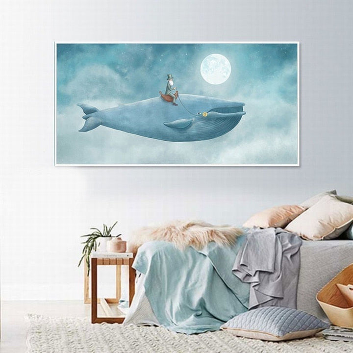 Abstract Whale In Blue Sky - Canvas Wall Art Painting | Bowlift