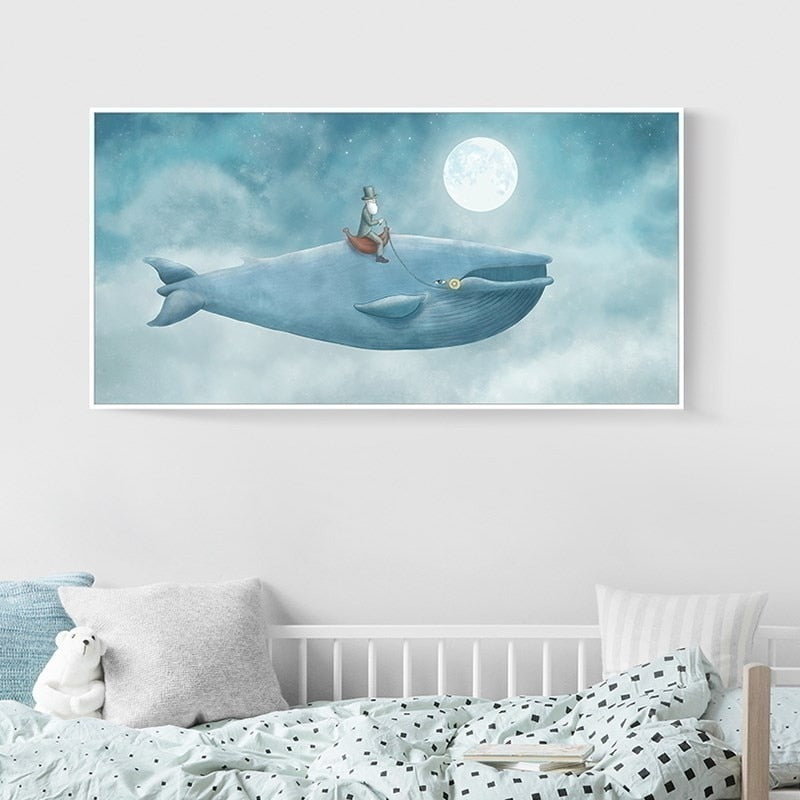 Abstract Whale In Blue Sky - Canvas Wall Art Painting | Bowlift