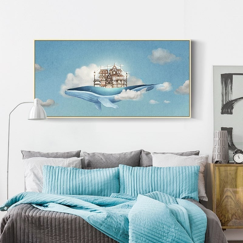 Abstract Whale In Blue Sky - Canvas Wall Art Painting | Bowlift