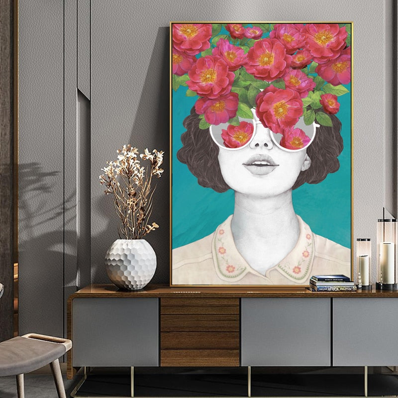 Fashion Figure Floral Girl - Canvas Wall Art Painting | Bowlift