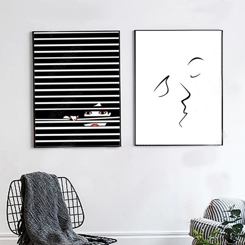 Fashion Women Abstract Kiss Poster Voyeur - Canvas Wall Art Painting | Bowlift