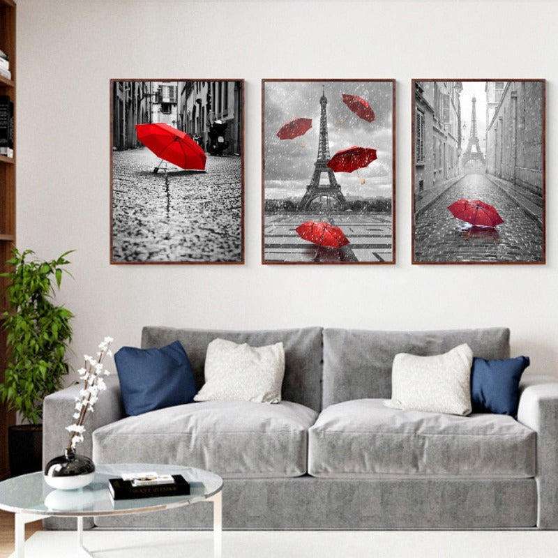 Vintage Eiffel Tower Red Umbrella - Canvas Wall Art Painting | Bowlift