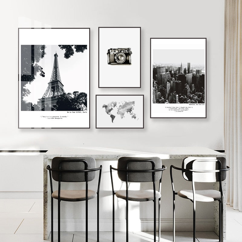 Modern Travel City Scene World Map  - Canvas Wall Art Painting | Bowlift