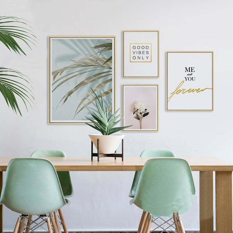 Modern Pink Floral Green Leaves Words - Canvas Wall Art Painting | Bowlift