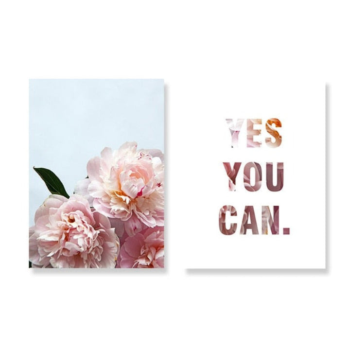 Pink Peony Floral Yes You Can Quotes  - Canvas Wall Art Painting | Bowlift