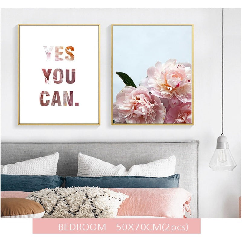 Pink Peony Floral Yes You Can Quotes  - Canvas Wall Art Painting | Bowlift
