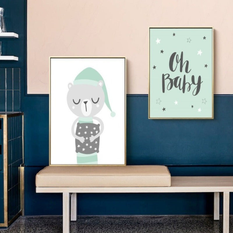 Mint Green Woodland Animals - Canvas Wall Art Painting | Bowlift