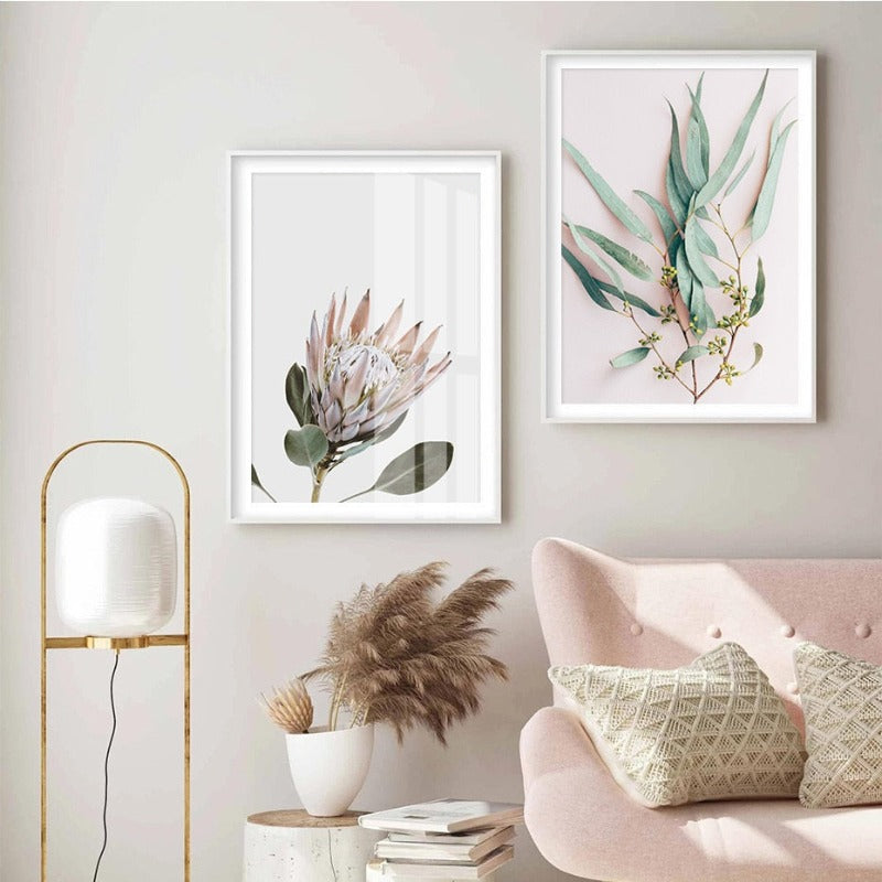 Modern Plants Leaves King Protea Flowers  - Canvas Wall Art Painting | Bowlift