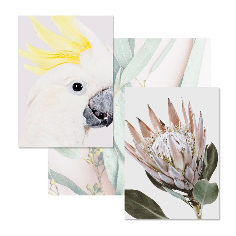 Modern Plants Leaves King Protea Flowers  - Canvas Wall Art Painting | Bowlift