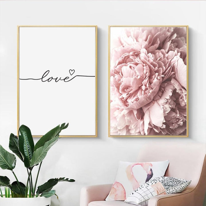 Modern Pink Peony Flower Minimalist Letter - Canvas Wall Art Painting | Bowlift