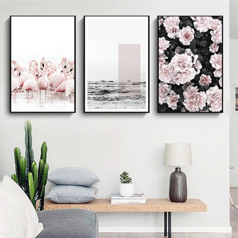 Modern Pink Floral Flamingo - Canvas Wall Art Painting | Bowlift