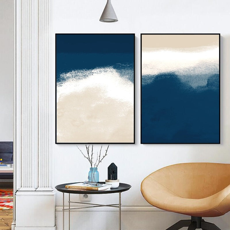 Watercolor Navy Blue Beige Abstract - Canvas Wall Art Painting | Bowlift