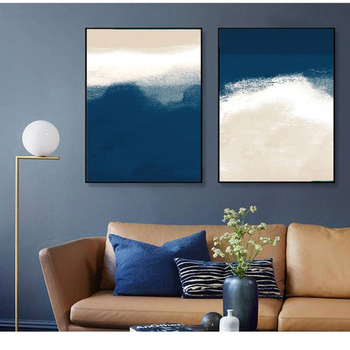 Watercolor Navy Blue Beige Abstract - Canvas Wall Art Painting | Bowlift