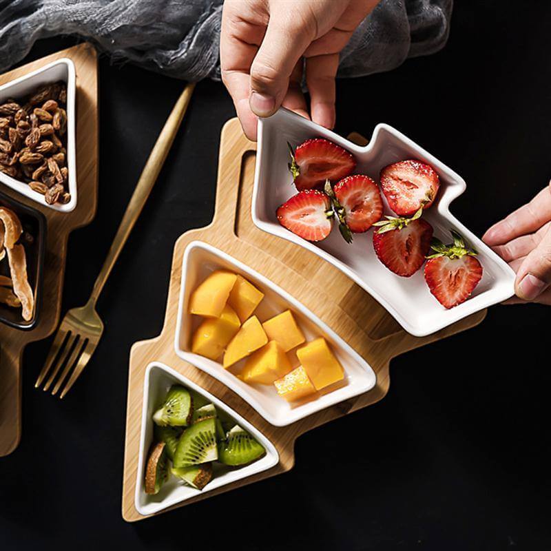 BowLift | Christmas Tree Ceramic Plates With Bamboo Base Stand