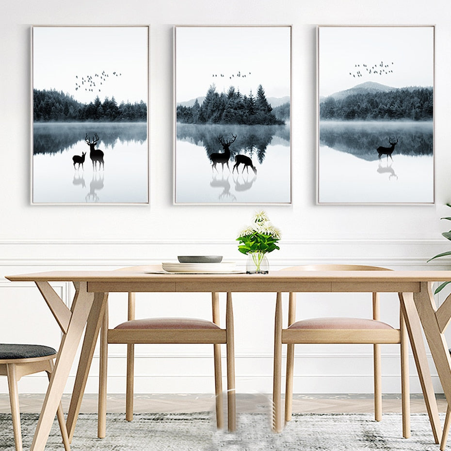 Nordic Scandinavia Landscape Deer - Canvas Wall Art Painting | Bowlift
