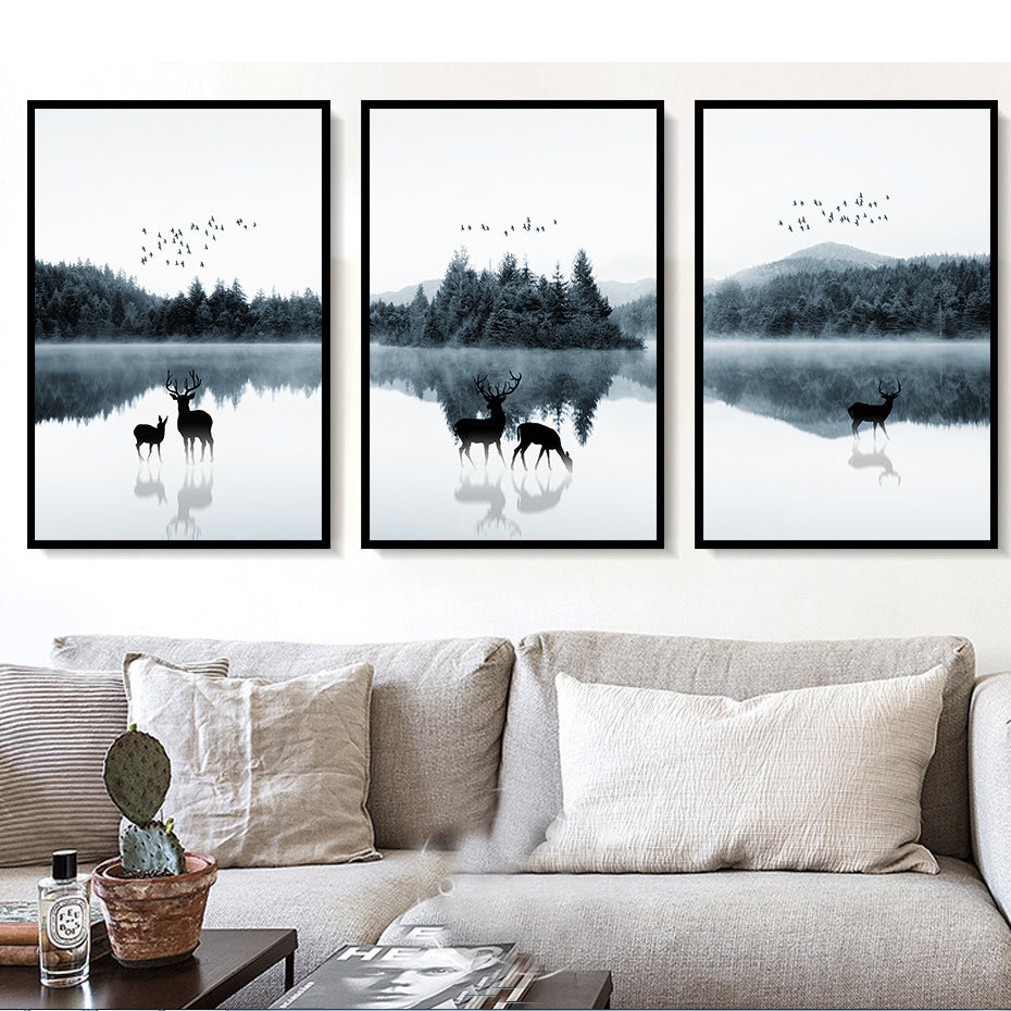 Nordic Scandinavia Landscape Deer - Canvas Wall Art Painting | Bowlift