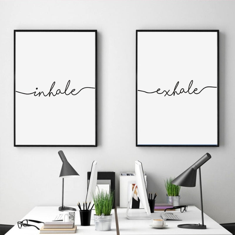Minimalist Black White Exhale Inhale Letters - Canvas Wall Art Painting | Bowlift