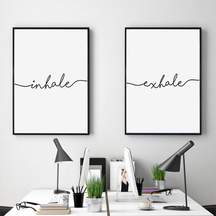 Minimalist Black White Exhale Inhale Letters - Canvas Wall Art Painting | Bowlift