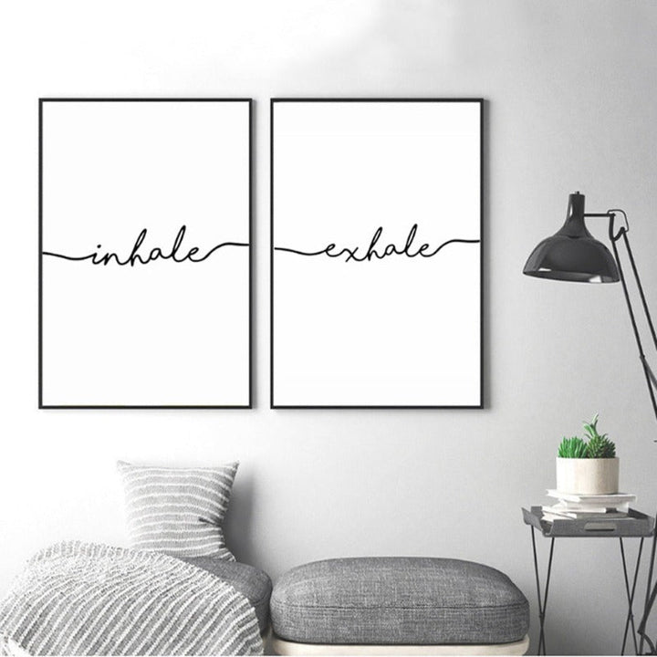 Minimalist Black White Exhale Inhale Letters - Canvas Wall Art Painting | Bowlift