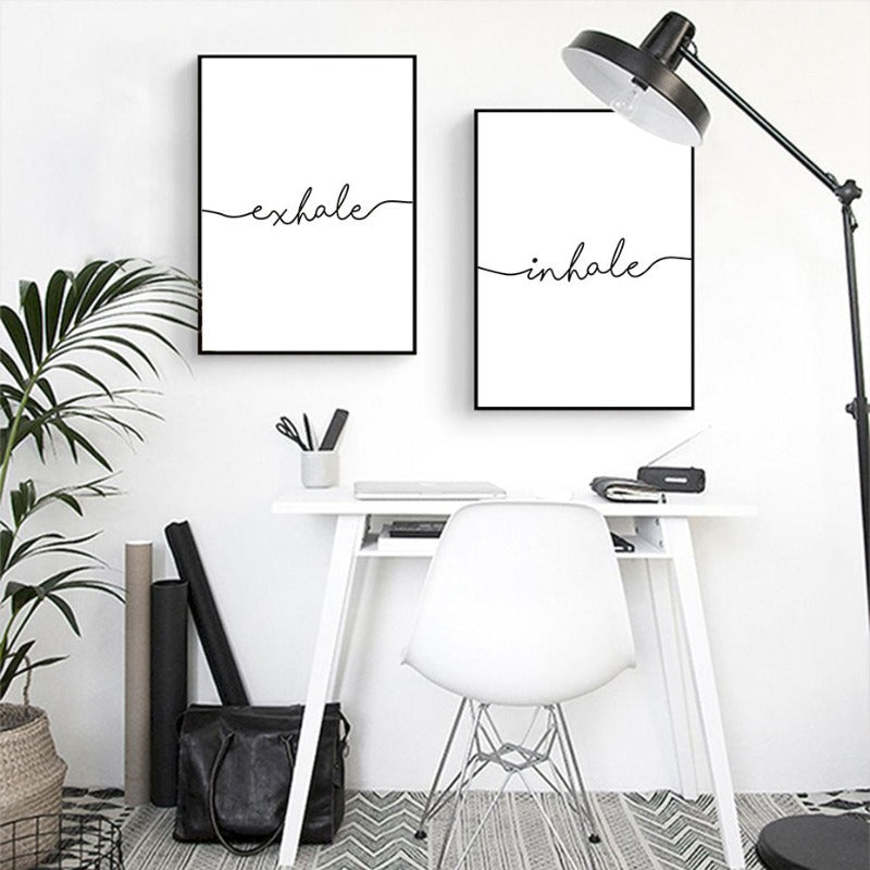 Minimalist Black White Exhale Inhale Letters - Canvas Wall Art Painting | Bowlift