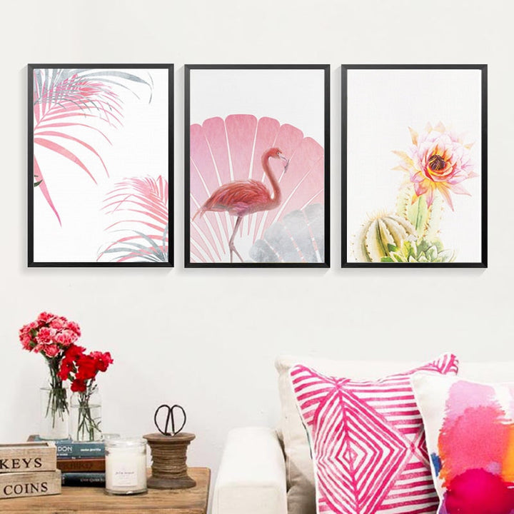 Pink Flamingo Flowers Girls - Canvas Wall Art Painting | Bowlift
