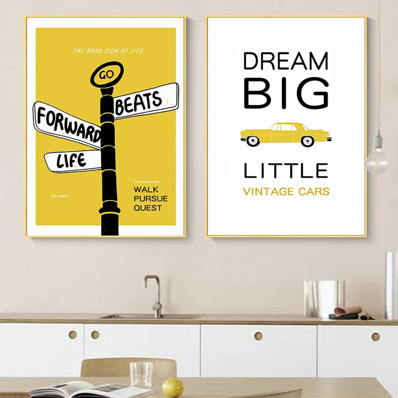 Modern Yellow Dream Letters Prints Poster  - Canvas Wall Art Painting | Bowlift