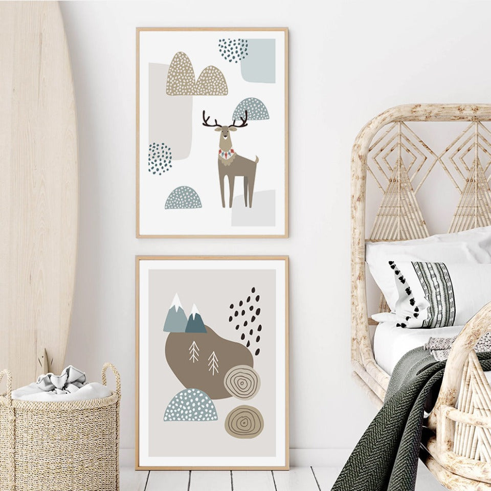 Scandinavian Abstract Winter Textured Landscape Trees Mountains - Canvas Wall Art Painting | Bowlift