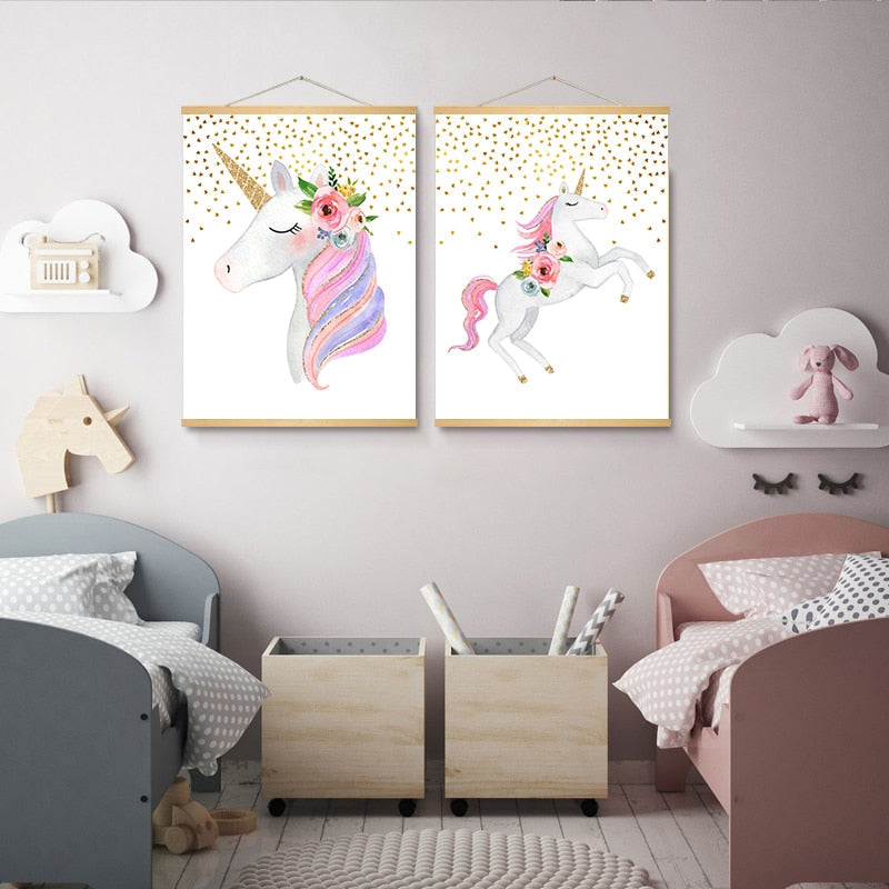 Modern Cartoon Pink Unicorn - Canvas Wall Art Painting | Bowlift
