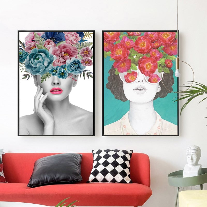 Fashion Figure Floral Girl - Canvas Wall Art Painting | Bowlift